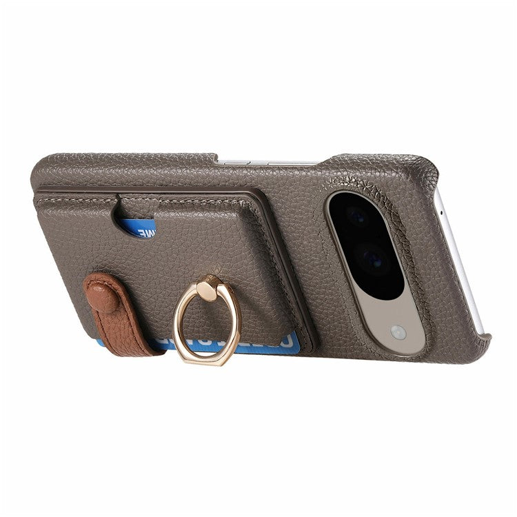 For Google Pixel 9 / 9 Pro Case Ring Holder Kickstand Card Slot Leather Phone Back Cover - Dark Grey