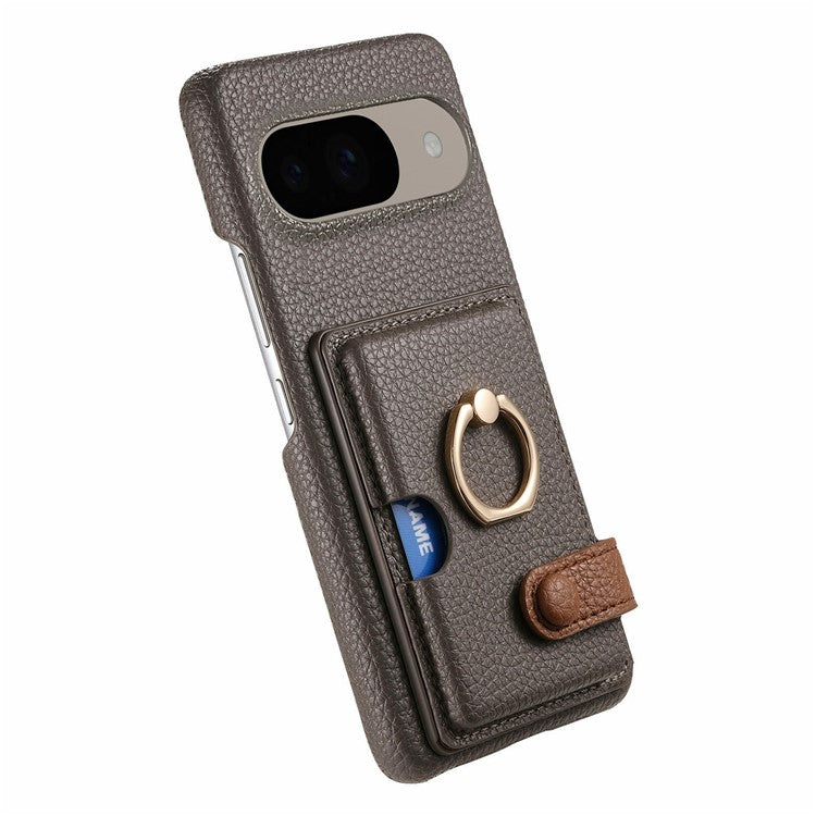 For Google Pixel 9 / 9 Pro Case Ring Holder Kickstand Card Slot Leather Phone Back Cover - Dark Grey