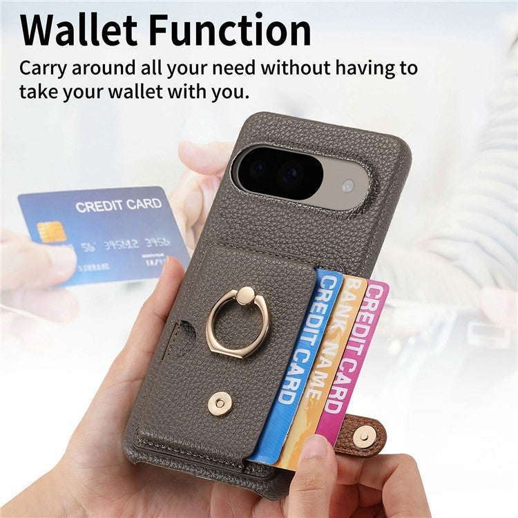 For Google Pixel 9 / 9 Pro Case Ring Holder Kickstand Card Slot Leather Phone Back Cover - Dark Grey