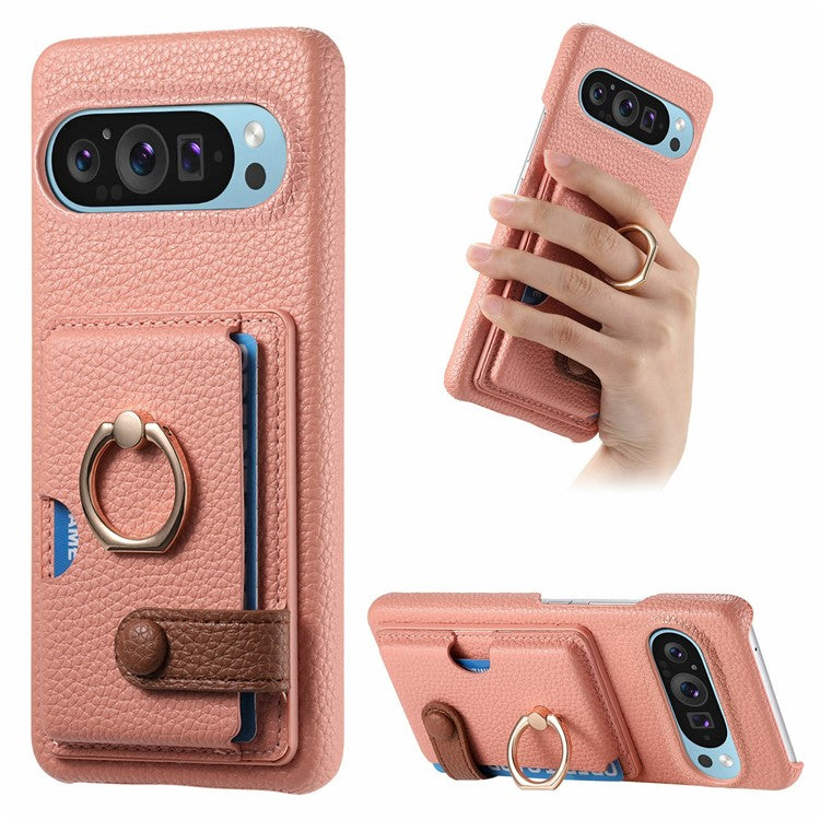 For Google Pixel 9 Pro XL Case Ring Holder Kickstand Card Slot Leather Phone Back Cover - Pink
