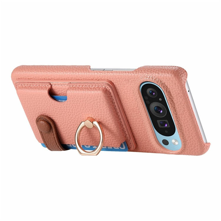 For Google Pixel 9 Pro XL Case Ring Holder Kickstand Card Slot Leather Phone Back Cover - Pink