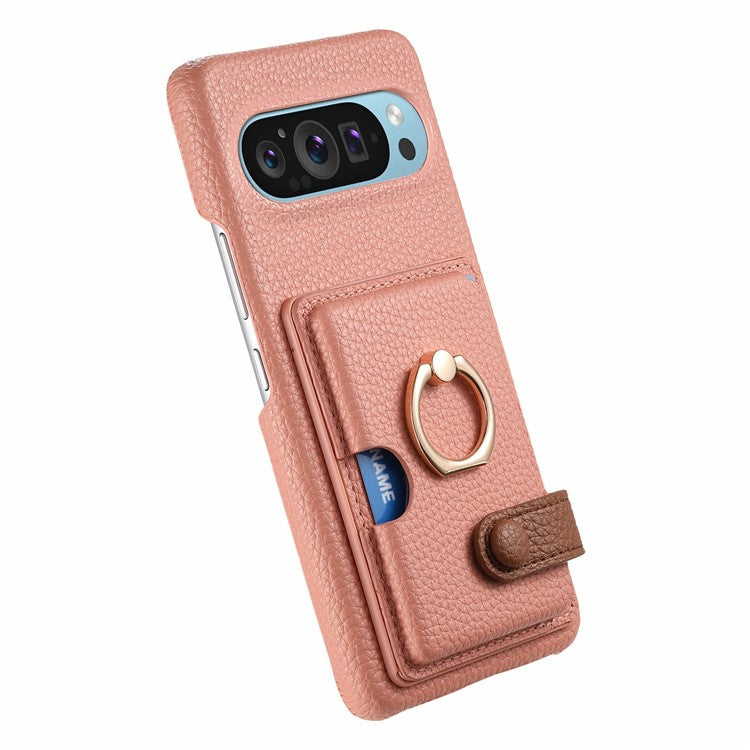 For Google Pixel 9 Pro XL Case Ring Holder Kickstand Card Slot Leather Phone Back Cover - Pink