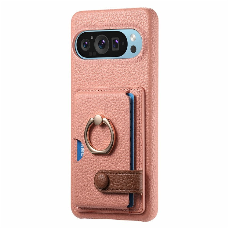 For Google Pixel 9 Pro XL Case Ring Holder Kickstand Card Slot Leather Phone Back Cover - Pink