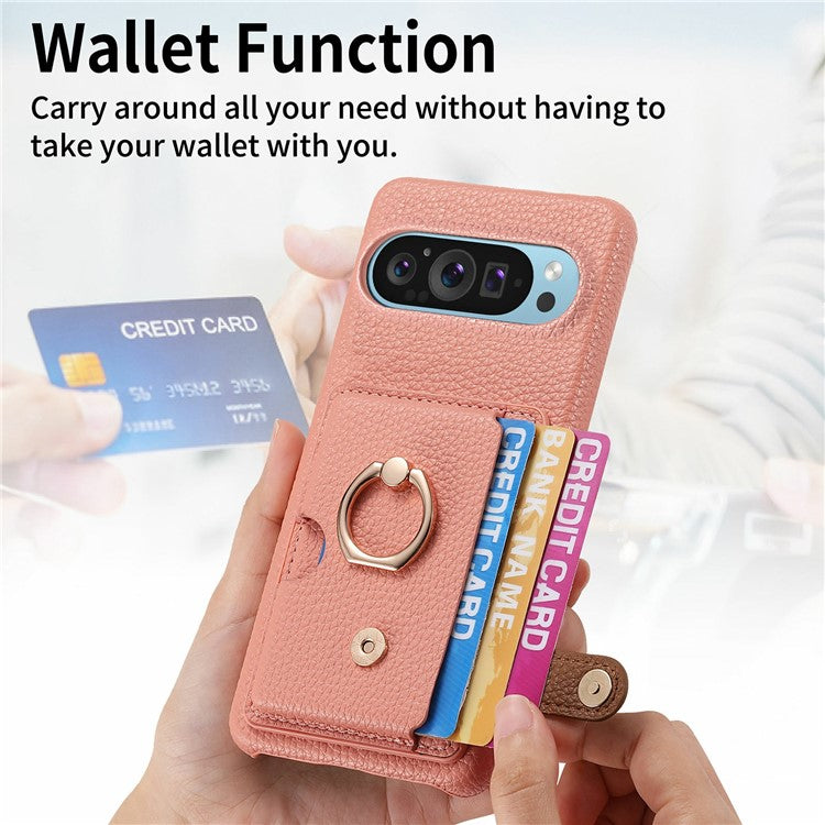 For Google Pixel 9 Pro XL Case Ring Holder Kickstand Card Slot Leather Phone Back Cover - Pink
