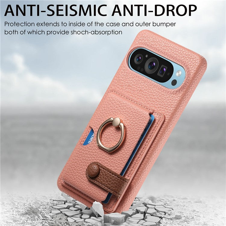 For Google Pixel 9 Pro XL Case Ring Holder Kickstand Card Slot Leather Phone Back Cover - Pink
