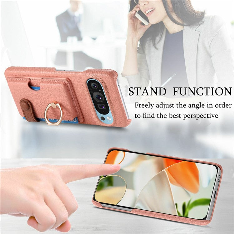 For Google Pixel 9 Pro XL Case Ring Holder Kickstand Card Slot Leather Phone Back Cover - Pink