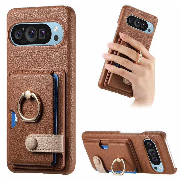 For Google Pixel 9 Pro XL Case Ring Holder Kickstand Card Slot Leather Phone Back Cover - Brown
