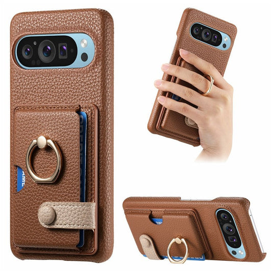 For Google Pixel 9 Pro XL Case Ring Holder Kickstand Card Slot Leather Phone Back Cover - Brown
