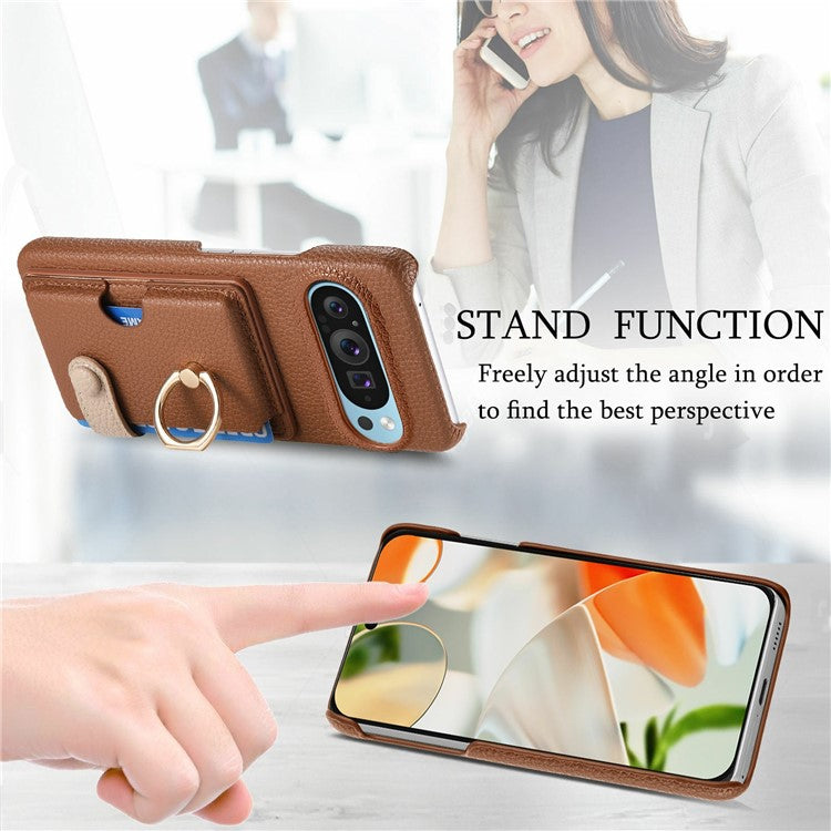 For Google Pixel 9 Pro XL Case Ring Holder Kickstand Card Slot Leather Phone Back Cover - Brown