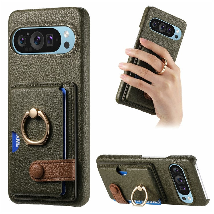 For Google Pixel 9 Pro XL Case Ring Holder Kickstand Card Slot Leather Phone Back Cover - Green