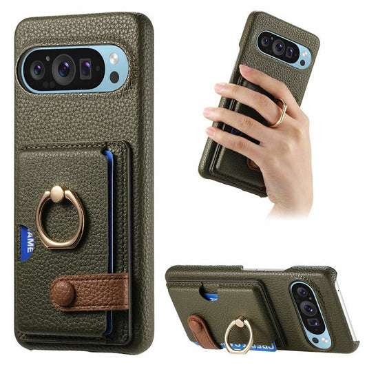 For Google Pixel 9 Pro XL Case Ring Holder Kickstand Card Slot Leather Phone Back Cover - Green