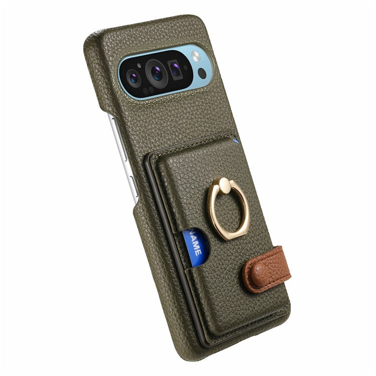 For Google Pixel 9 Pro XL Case Ring Holder Kickstand Card Slot Leather Phone Back Cover - Green