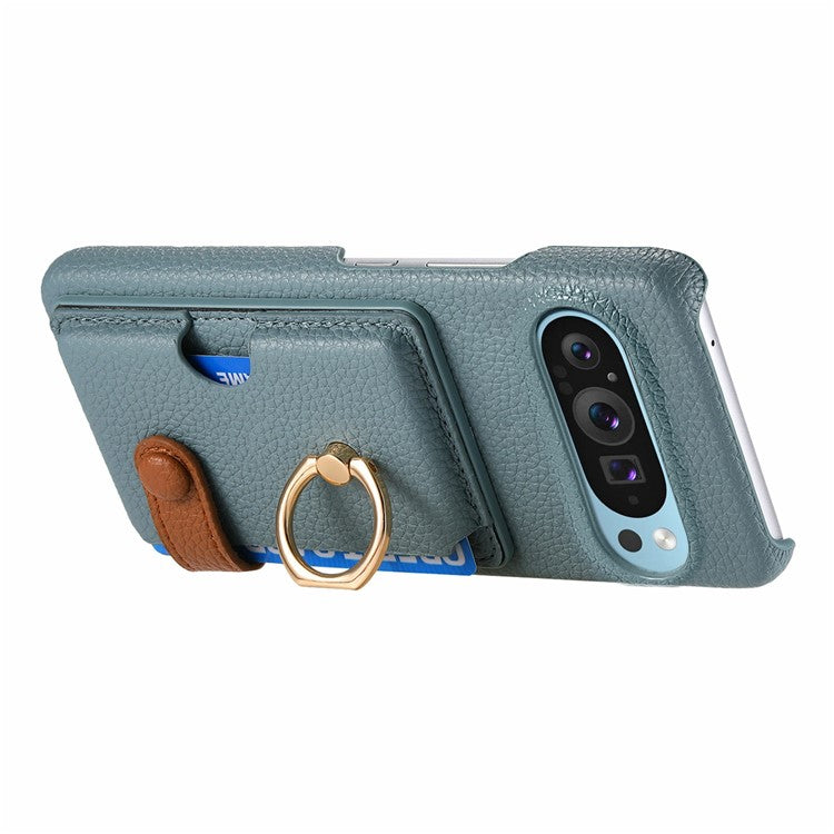 For Google Pixel 9 Pro XL Case Ring Holder Kickstand Card Slot Leather Phone Back Cover - Baby Blue