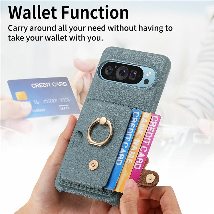 For Google Pixel 9 Pro XL Case Ring Holder Kickstand Card Slot Leather Phone Back Cover - Baby Blue