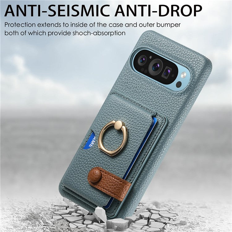 For Google Pixel 9 Pro XL Case Ring Holder Kickstand Card Slot Leather Phone Back Cover - Baby Blue