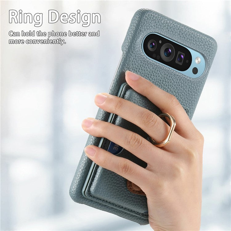 For Google Pixel 9 Pro XL Case Ring Holder Kickstand Card Slot Leather Phone Back Cover - Baby Blue