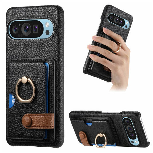 For Google Pixel 9 Pro XL Case Ring Holder Kickstand Card Slot Leather Phone Back Cover - Black