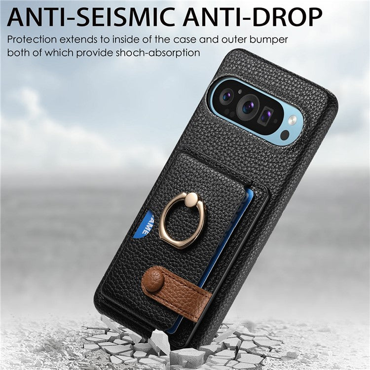 For Google Pixel 9 Pro XL Case Ring Holder Kickstand Card Slot Leather Phone Back Cover - Black