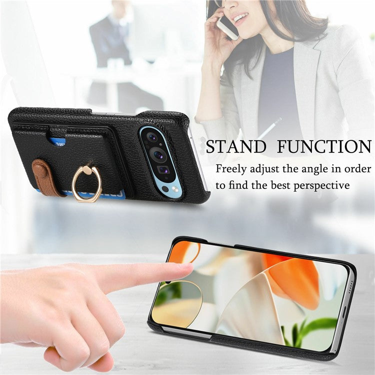 For Google Pixel 9 Pro XL Case Ring Holder Kickstand Card Slot Leather Phone Back Cover - Black