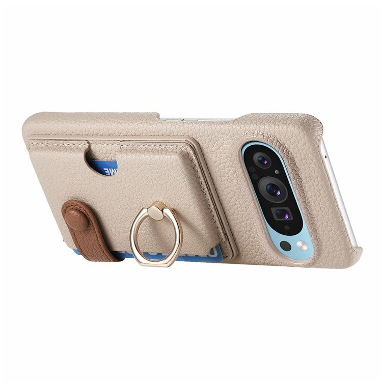 For Google Pixel 9 Pro XL Case Ring Holder Kickstand Card Slot Leather Phone Back Cover - Grey