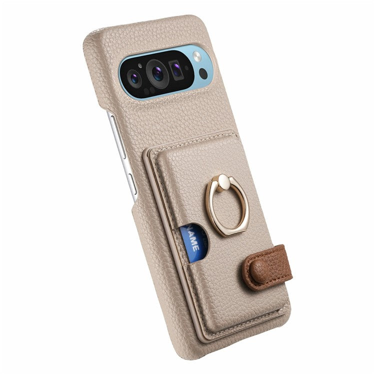 For Google Pixel 9 Pro XL Case Ring Holder Kickstand Card Slot Leather Phone Back Cover - Grey