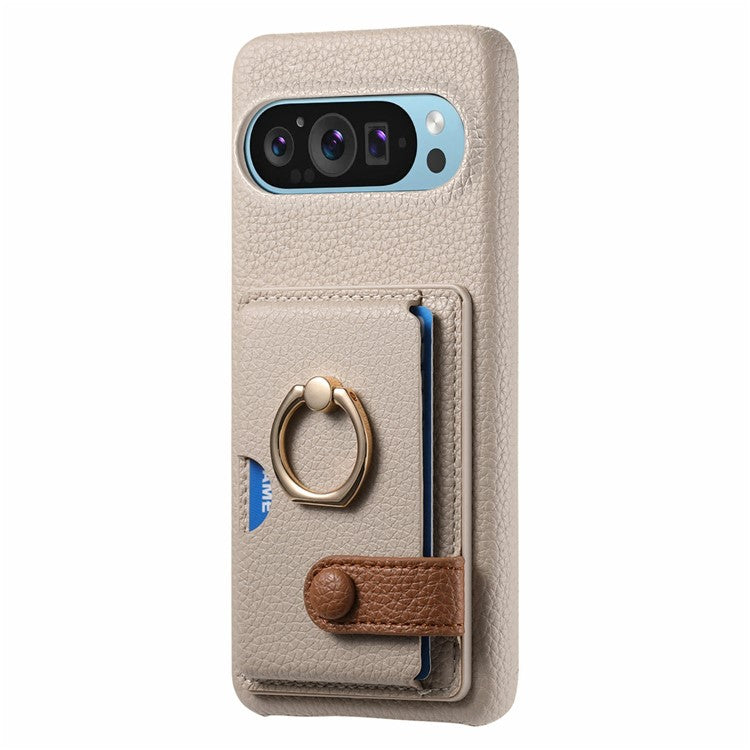 For Google Pixel 9 Pro XL Case Ring Holder Kickstand Card Slot Leather Phone Back Cover - Grey