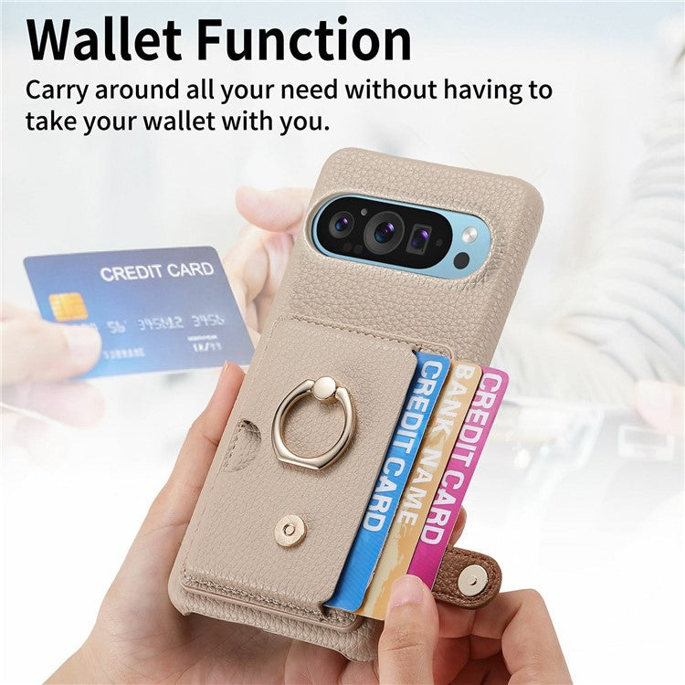 For Google Pixel 9 Pro XL Case Ring Holder Kickstand Card Slot Leather Phone Back Cover - Grey