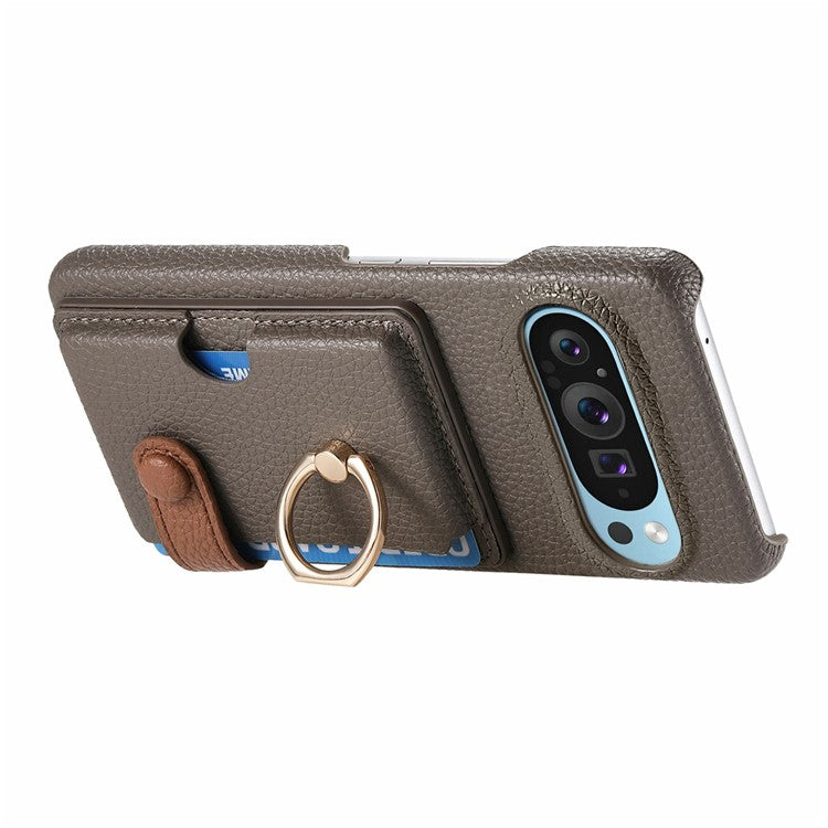 For Google Pixel 9 Pro XL Case Ring Holder Kickstand Card Slot Leather Phone Back Cover - Dark Grey
