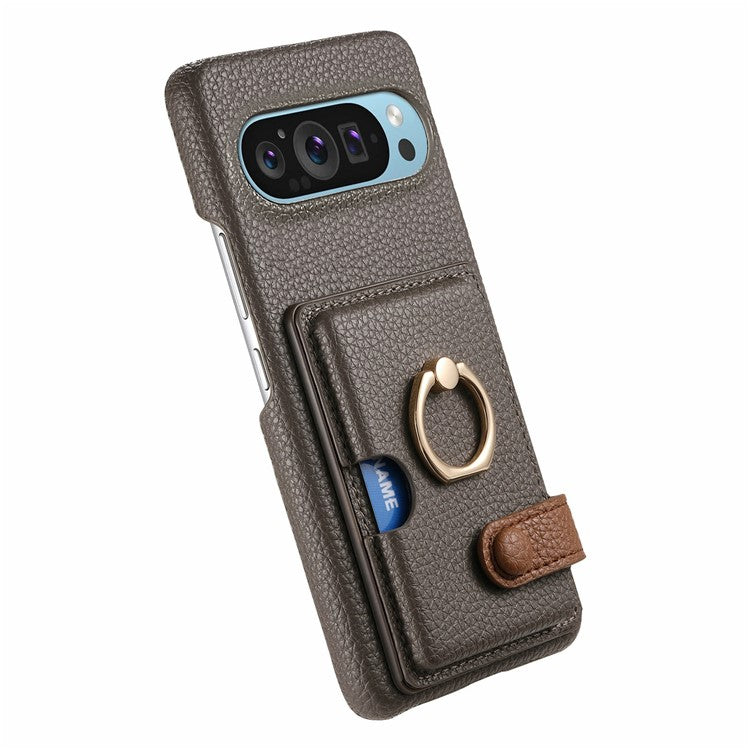 For Google Pixel 9 Pro XL Case Ring Holder Kickstand Card Slot Leather Phone Back Cover - Dark Grey