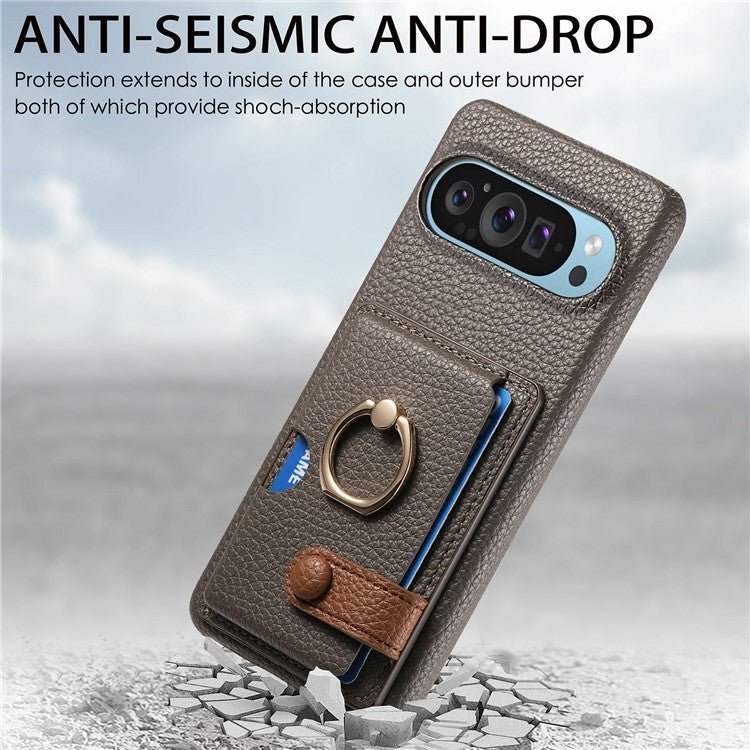 For Google Pixel 9 Pro XL Case Ring Holder Kickstand Card Slot Leather Phone Back Cover - Dark Grey