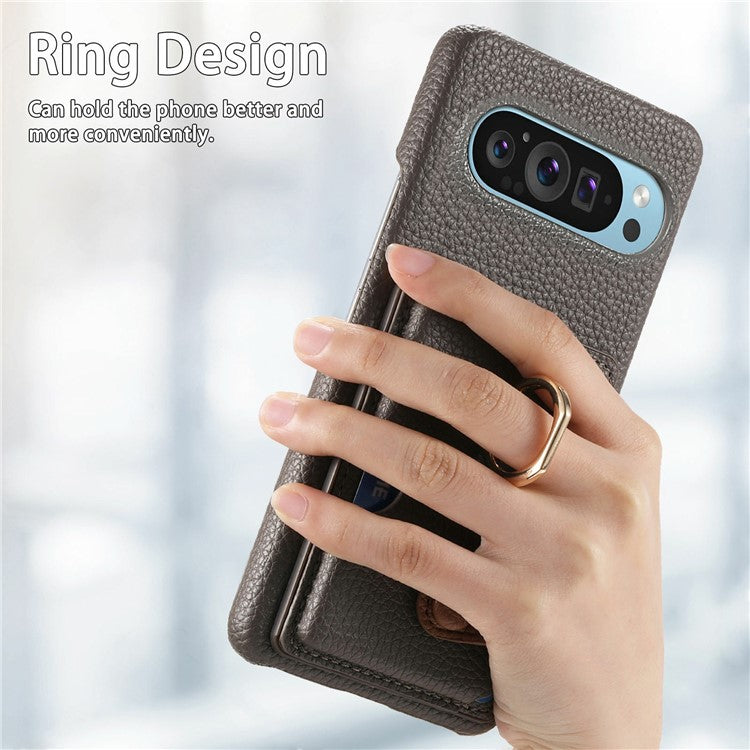 For Google Pixel 9 Pro XL Case Ring Holder Kickstand Card Slot Leather Phone Back Cover - Dark Grey