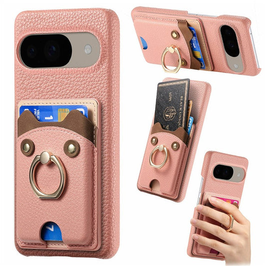 For Google Pixel 9 / 9 Pro Case Cute Bear Design PU Leather+TPU Card Holder Phone Cover - Pink