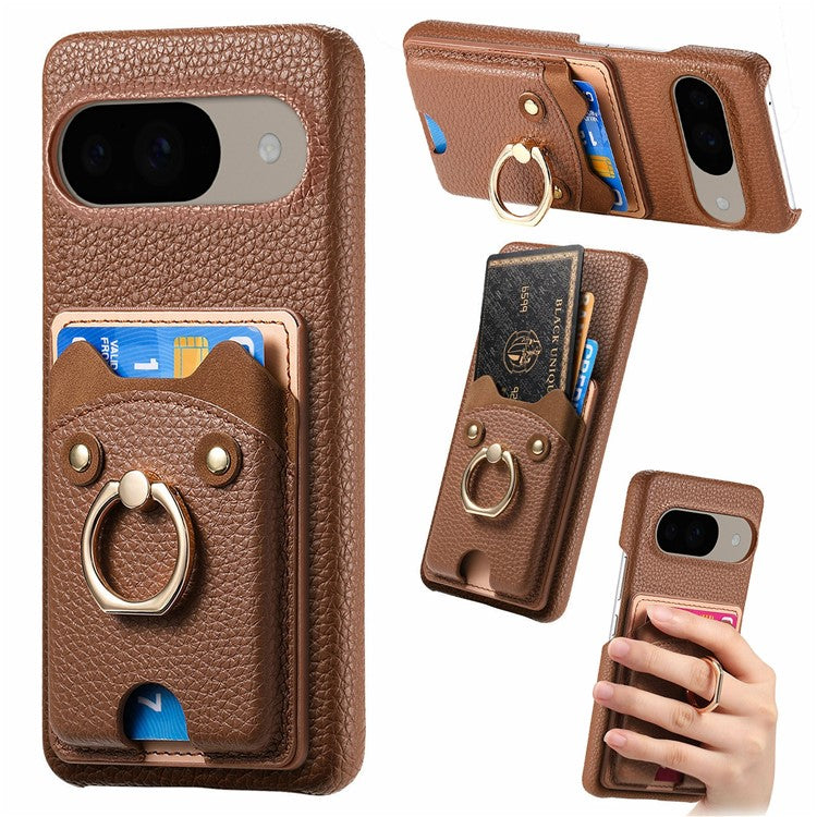 For Google Pixel 9 / 9 Pro Case Cute Bear Design PU Leather+TPU Card Holder Phone Cover - Brown