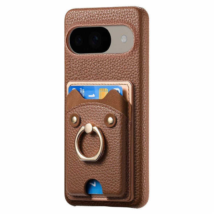 For Google Pixel 9 / 9 Pro Case Cute Bear Design PU Leather+TPU Card Holder Phone Cover - Brown