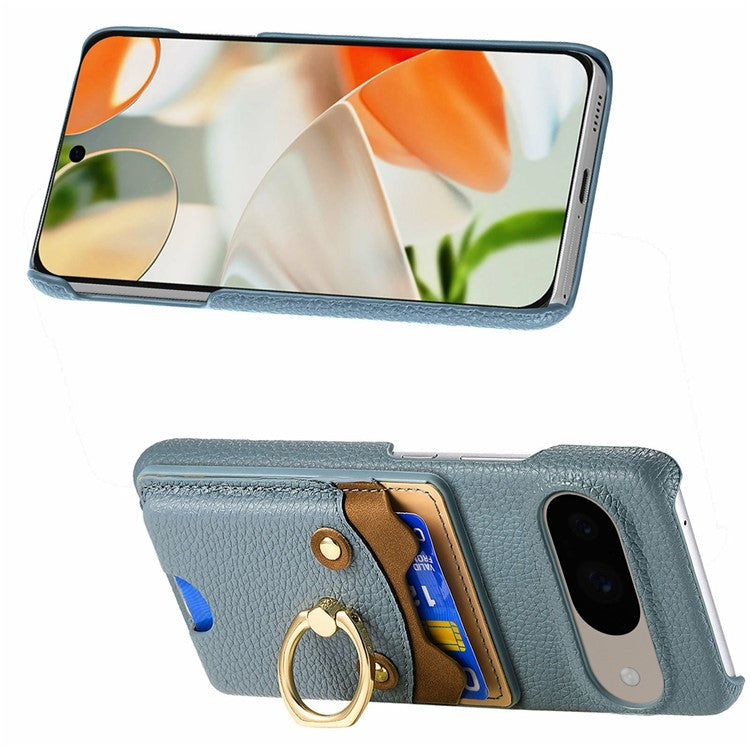 For Google Pixel 9 / 9 Pro Case Cute Bear Design PU Leather+TPU Card Holder Phone Cover - Blue