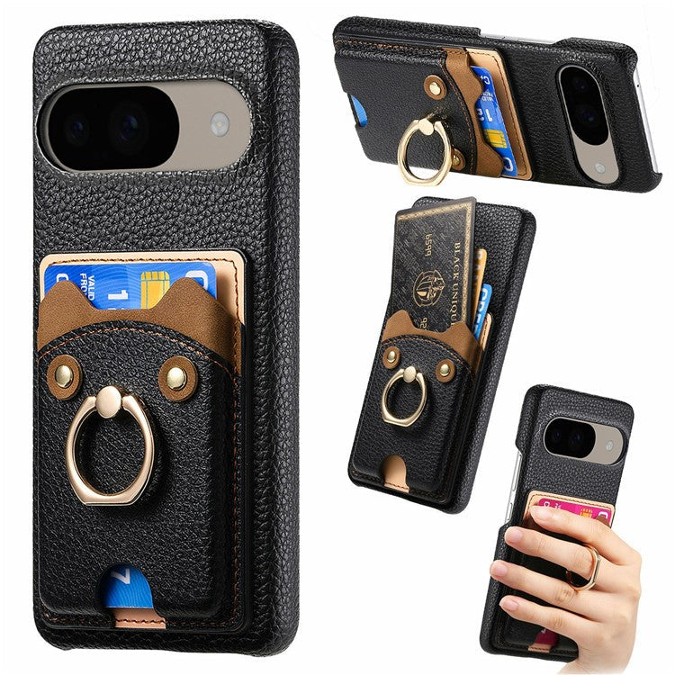 For Google Pixel 9 / 9 Pro Case Cute Bear Design PU Leather+TPU Card Holder Phone Cover - Black