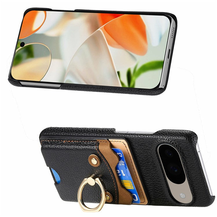 For Google Pixel 9 / 9 Pro Case Cute Bear Design PU Leather+TPU Card Holder Phone Cover - Black