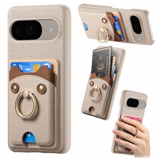 For Google Pixel 9 / 9 Pro Case Cute Bear Design PU Leather+TPU Card Holder Phone Cover - Khaki