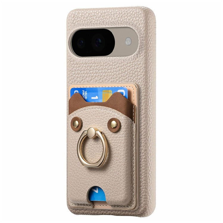 For Google Pixel 9 / 9 Pro Case Cute Bear Design PU Leather+TPU Card Holder Phone Cover - Khaki