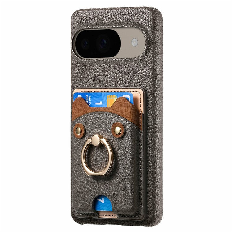 For Google Pixel 9 / 9 Pro Case Cute Bear Design PU Leather+TPU Card Holder Phone Cover - Grey