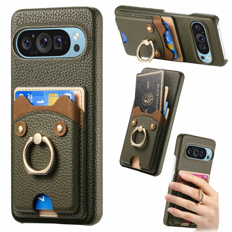 For Google Pixel 9 Pro XL Case Cute Bear Design PU Leather+TPU Card Holder Phone Cover - Dark Green