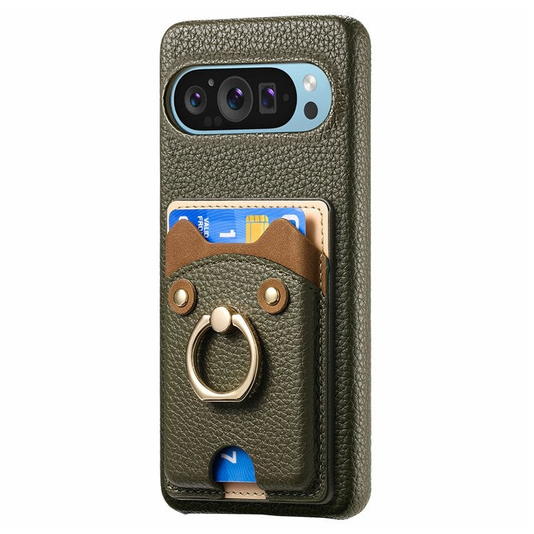 For Google Pixel 9 Pro XL Case Cute Bear Design PU Leather+TPU Card Holder Phone Cover - Dark Green