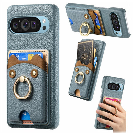 For Google Pixel 9 Pro XL Case Cute Bear Design PU Leather+TPU Card Holder Phone Cover - Blue