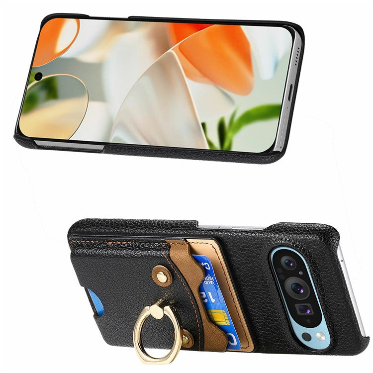 For Google Pixel 9 Pro XL Case Cute Bear Design PU Leather+TPU Card Holder Phone Cover - Black