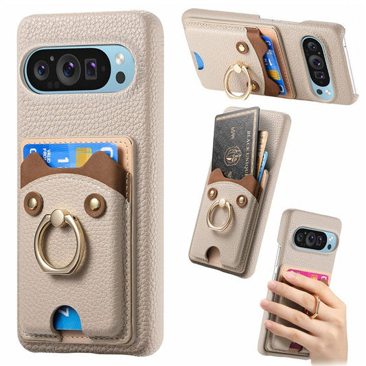 For Google Pixel 9 Pro XL Case Cute Bear Design PU Leather+TPU Card Holder Phone Cover - Khaki