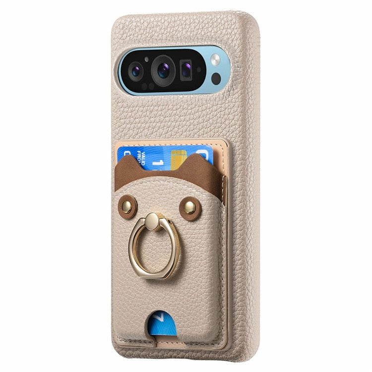 For Google Pixel 9 Pro XL Case Cute Bear Design PU Leather+TPU Card Holder Phone Cover - Khaki