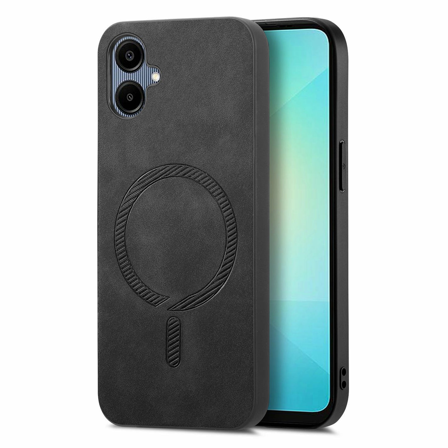 For Samsung Galaxy A06 Leather Back Case Compatible with MagSafe Skin-Touch Phone Cover - Black