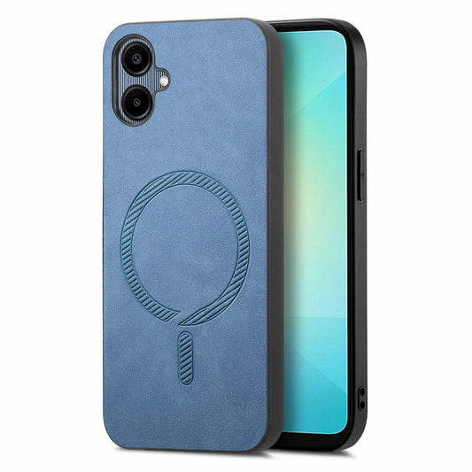 For Samsung Galaxy A06 Leather Back Case Compatible with MagSafe Skin-Touch Phone Cover - Blue