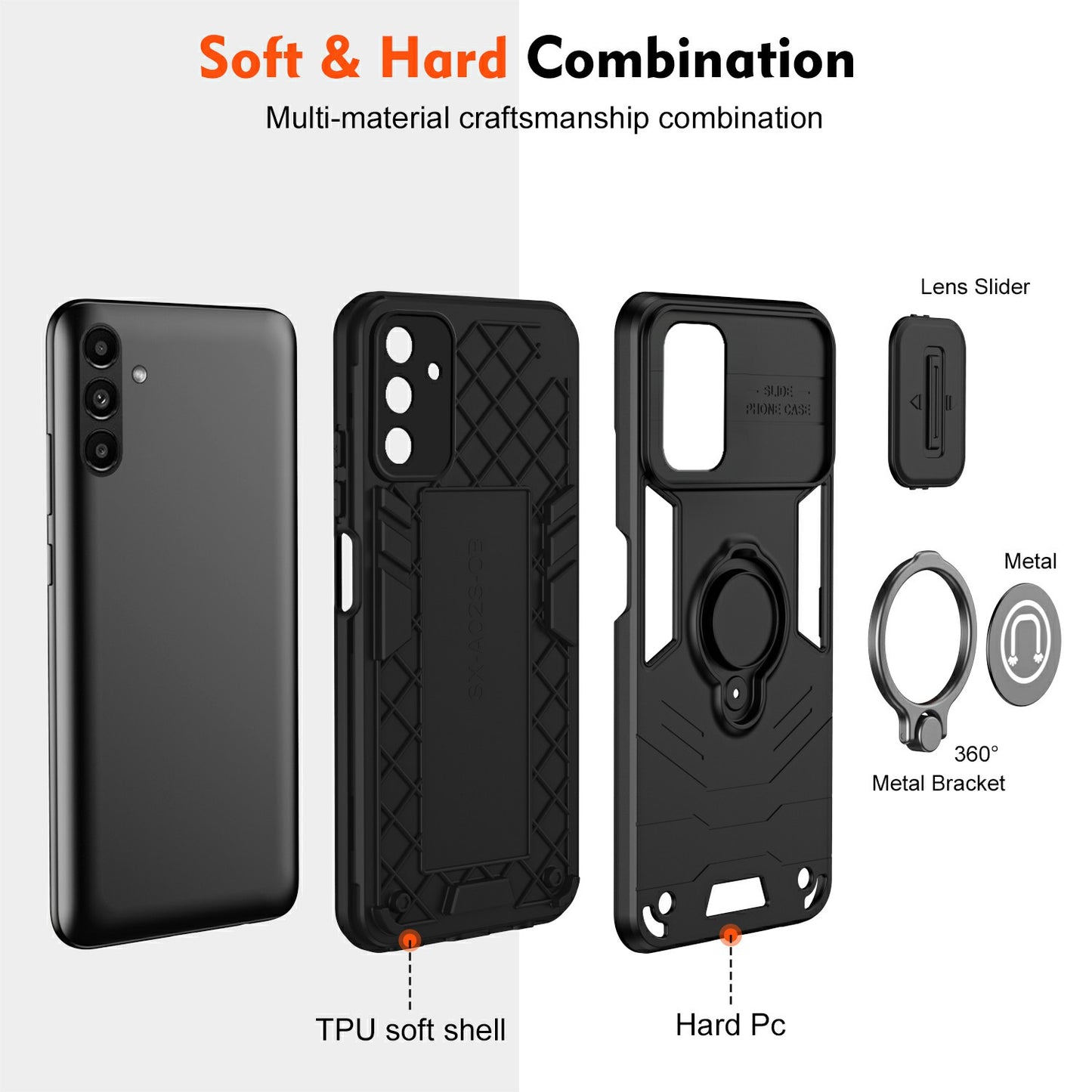 For Samsung Galaxy A16 4G / A16 5G Case Slide Camshield Kickstand PC+TPU Phone Cover - Black