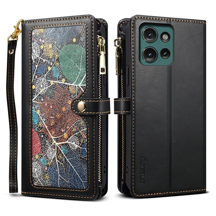 ESEBLE Galaxy Series For Motorola Moto G75 5G Case Leather Zipper Phone Cover RFID Blocking - Black